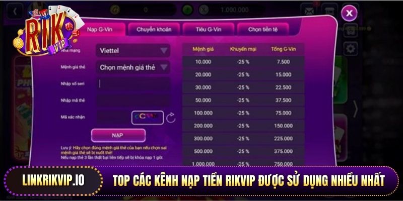 Top các kênh nạp tiền Rikvip được sử dụng nhiều nhất